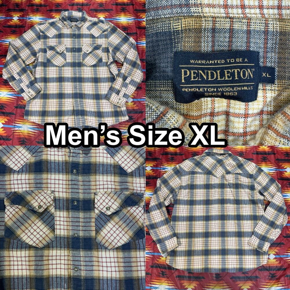 Pendleton Western Pearl Snap Beige Plaid Long Sleeve Shirt Men's Size XL
